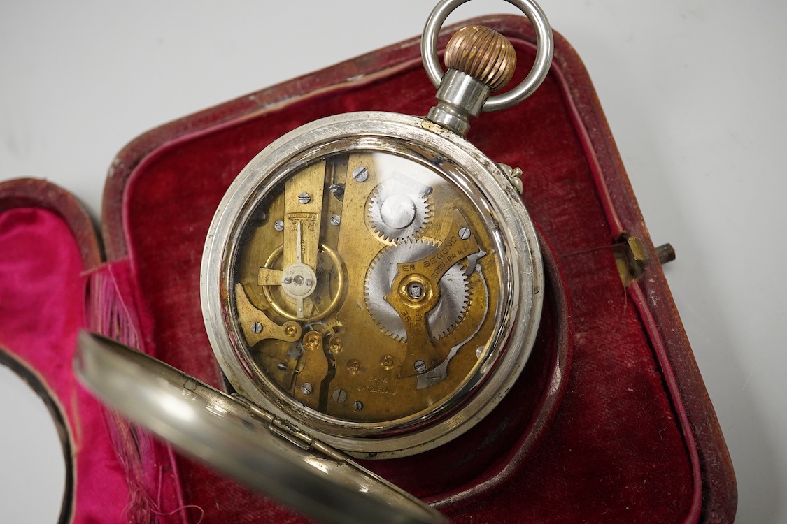 Two Edwardian silver mounted leather travelling watch cases, Chester 1905 and Birmingham, 1907, both containing a chrome cased keyless pocket watch.